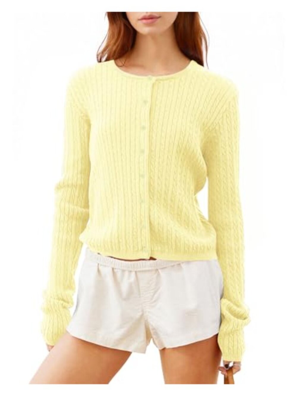 Cable Knit Button Down Crop Cardigan Women Crew Neck Long Sleeve Sweater